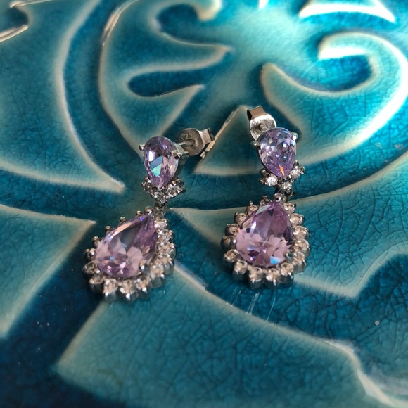 Sterling Silver 925 Purple and Clear Stone Dangle Earrings - Picture 4 of 16